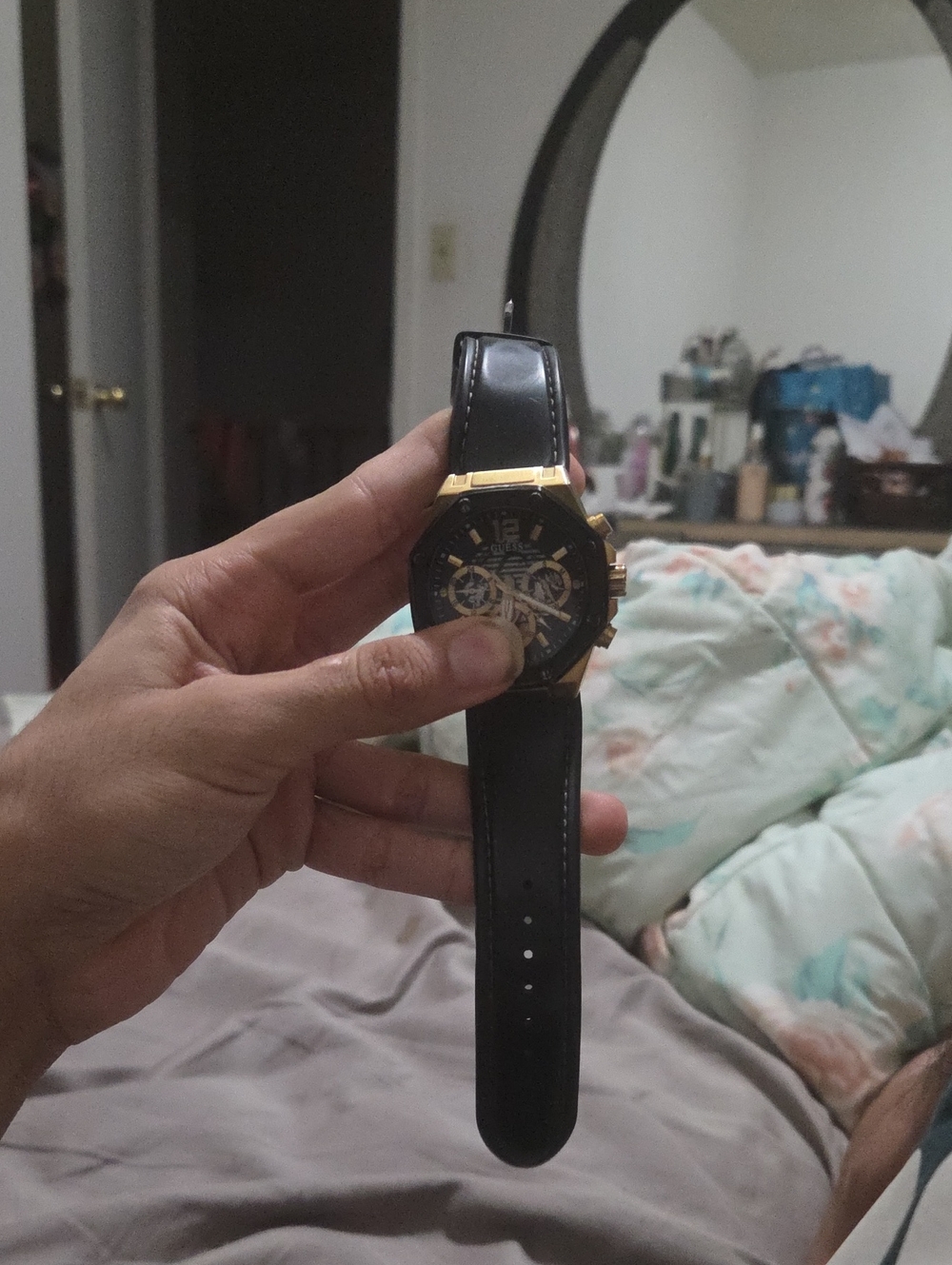 Guess Men's Black Leather Strap Watch with Gold-Tone Case